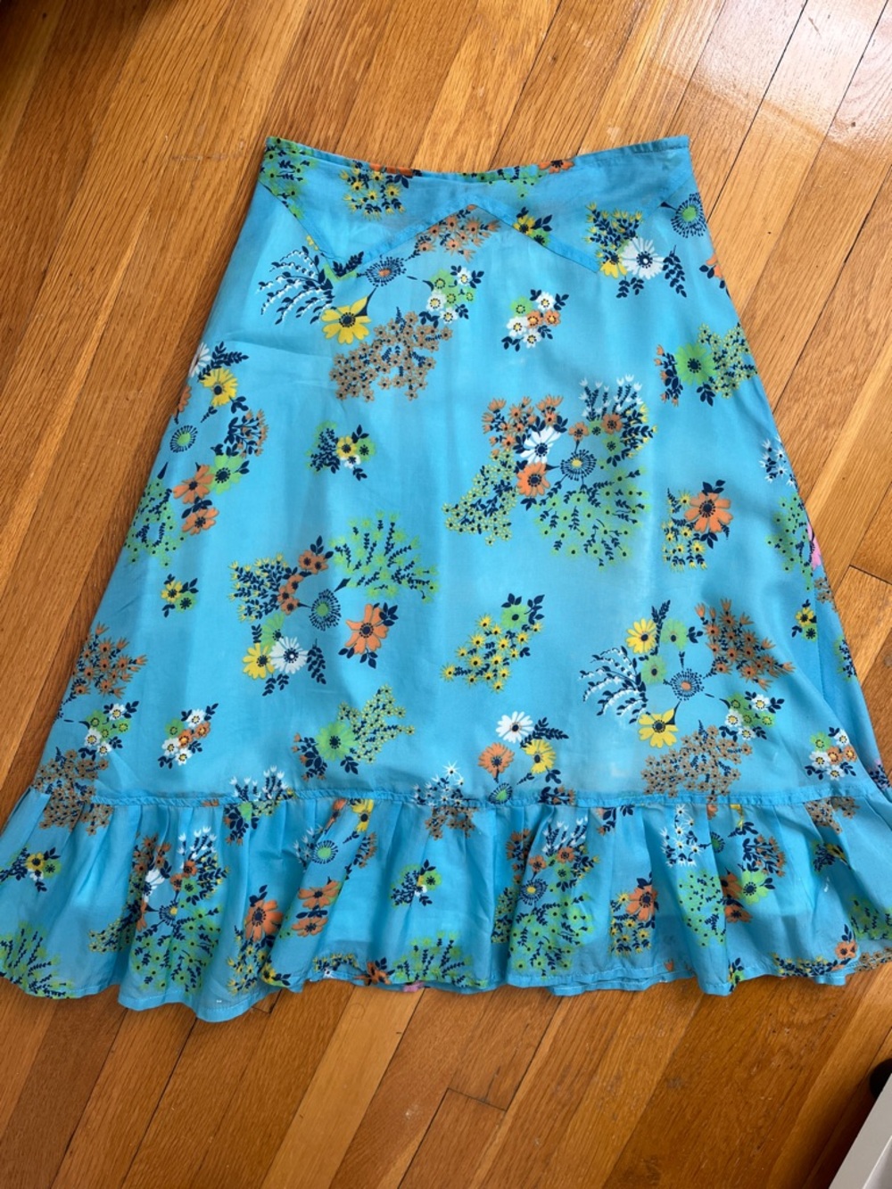 Vintage 1970s Handsewn Ruffle Hem Blue Floral Skirt 26” Waist Fully Lined - Picture 3 of 14